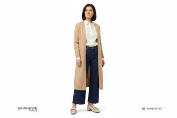 Outfit 2 Eleganza Informale – Décolleté loafer kiltie horsebit oro beige con cardigan lungo cashmere sabbia camicia sartoriale twill panna e jeans gamba ampia vita alta blu notte