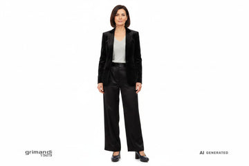 Outfit 1 Autunno Inverno – Blazer tuxedo velluto nero con maglia viscosa grigio perla e pantaloni palazzo satin nero