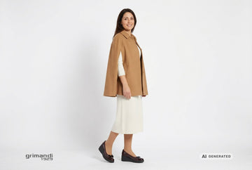 Decollete Melluso donna indossate con mantella in panno lana cammello e abito midi in maglia lana avorio. Outfit 1