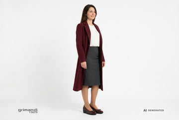 Decollete Melluso donna indossate con cappotto lana bordeaux, blusa cady panna e gonna tubino crepe antracite. Outfit 2