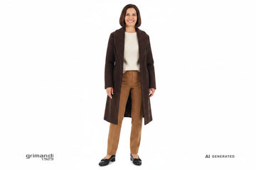 Outfit 2 – Cappotto vestaglia bouclé cioccolato con merinos panna e pantaloni flanella cammello
