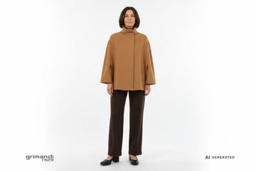 Outfit 1 – Mantella lana cotta cammello con dolcevita integrato e pantaloni palazzo cioccolato