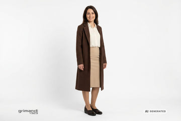 Decollete Melluso donna indossate con cappotto lana cioccolato, blusa cady crema e gonna tubino crepe sabbia. Outfit 2