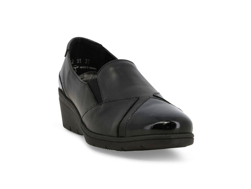 Melluso Black Comfort Loafer in Leather and Patent Leather with Wedge