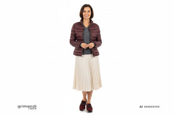 Outfit 2 – Piumino sciancrato bordeaux con cashmere antracite e gonna midi plissettata panna - AI-Generated Model