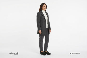 Mocassini Melluso donna indossati con giaccone lana antracite, dolcevita panna e pantaloni chino velluto grafite. Outfit 1