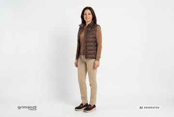 Mocassini Melluso con gilet cioccolato e pantaloni sabbia. Outfit 1