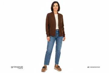 Outfit 2 – Cardigan scialle cioccolato con maglia avorio e jeans medio wash rilassato - AI-Generated Model