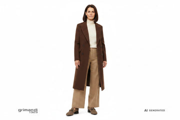 Outfit 2 Quiet Luxury Autunno Inverno – Mocassino camoscio nubuck beige sabbia morsetto catena gunmetal con cappotto doppiopetto pura lana cioccolato maglia dolcevita cashmere crema e pantaloni gamba larga flanella lana beige caldo