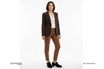 Outfit 1 Look Ufficio Sofisticato – Mocassino camoscio nero tacco blocco antracite banda strass jet con blazer sfoderato tweed spinato cioccolato fondente blusa viscosa seta vaniglia e pantaloni sigaretta jersey elasticizzato nocciola