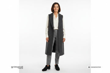 Outfit 2 Equilibrio Rigoroso Contemporaneo – Mocassino camoscio nero tacco blocco antracite banda strass jet con gilet lungo doppiato lana pettinata antracite camicia seta fluida panna e pantaloni dritti vita media flanella grigio