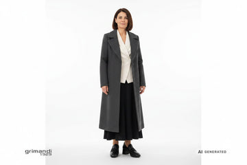 Mocassini Melluso pelle nera con strass jet indossati con Outfit 1: cappotto sartoriale grigio grafite, sottogiacca drappeggiato avorio e gonna lunga fluida nera con spacco posteriore.