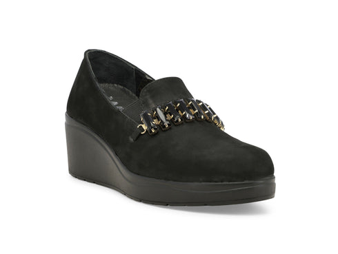 Melluso Women's Suede Wedge Loafer with Jeweled Chain