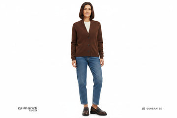 Outfit 2 Autunno Caldo – Cardigan caldo bottoni collo scialle cioccolato con maglia avorio e jeans dritto vestibilita rilassata lavaggio medio
