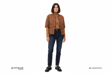 Outfit 1 Casual Chic – Giacca imbottita tecnica nocciola con dolcevita merino cammello e jeans dritto vita alta lavaggio scuro