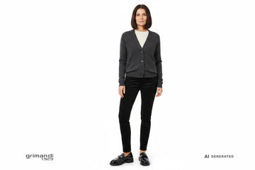 Outfit 2 Autunno Raffinato – Cardigan bottoni grigio antracite con maglia panna e pantaloni velluto nero coste sottili