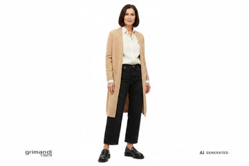 Outfit 2 Eleganza Informale – Cardigan lungo misto cashmere sabbia con camicia sartoriale twill avorio e jeans gamba ampia vita alta denim nero