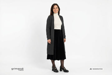 Mocassini Melluso donna indossati con cardigan a coste antracite, dolcevita merino panna e gonna midi velluto nero. Outfit 1