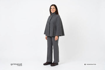 Mocassini Melluso donna indossati con cappa lana cotta grigio piombo a collo alto e pantaloni palazzo jersey coordinati. Outfit 2