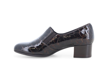 Vista laterale e silhouette mocassini Melluso Donna in vernice marrone