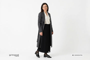 Mocassini Melluso donna indossati con cappotto lana grafite, sottogiacca avorio e gonna lunga fluida in cady nero. Outfit 1