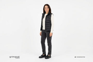 Mocassini Melluso donna indossati con gilet trapuntato nero, maglia lana cashmere panna e pantaloni velluto antracite. Outfit 1