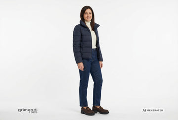 Mocassini Melluso donna indossati con giacca tecnica navy, dolcevita merino panna e jeans dritti denim scuro. Outfit 1