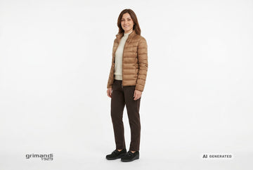 Mocassini Melluso donna indossati con giacca trapuntata nocciola, maglia merino crema e pantaloni jersey cioccolato. Outfit 1