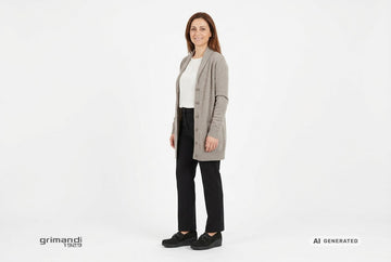 Mocassini Melluso donna indossati con cardigan lana cashmere greige, sottogiacca panna e pantaloni stretch neri. Outfit 2