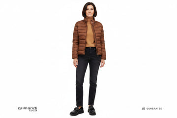 Outfit 1 – Giacca imbottita nocciola con dolcevita cammello e jeans scuro - AI-Generated Model