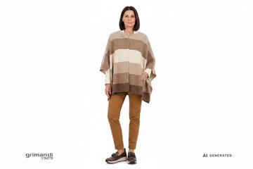 Outfit 2 – Poncho misto lana bande neutre con pantaloni sigaretta gabardina miele - AI-Generated Model