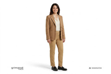 Mocassini Melluso donna indossati con blazer tweed cammello, blusa viscosa seta crema e pantaloni jersey sabbia dorata. Outfit 1