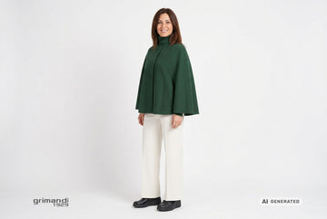 Mocassini Melluso donna indossati con cappa lana cotta verde bosco a collo alto e pantaloni palazzo jersey panna. Outfit 1