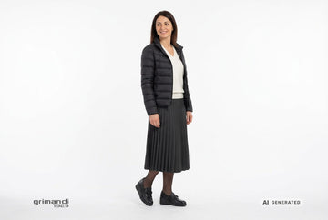 Mocassini Melluso donna indossati con piumino nylon nero, pullover cashmere panna e gonna midi plisse antracite. Outfit 2