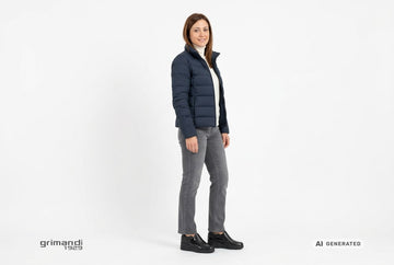 Mocassini Melluso donna indossati con giacca tecnica blu notte, dolcevita merino seta panna e jeans dritti grigio perla. Outfit 1