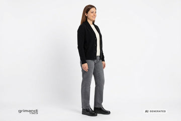 Mocassini Melluso donna indossati con cardigan nero a collo scialle, maglia avorio e jeans dritti grigio antracite. Outfit 2
