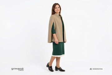 Mocassini Melluso donna indossati con mantella lana corda, abito maglia verde bosco e sottabito fluido avorio. Outfit 1