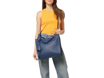 Melluso Blue Leather Shopping Bag with Triple Compartment