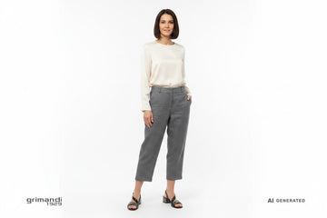 Sandali Melluso pelle nera tacco basso gunmetal abbinati a pantaloni Capri lino grigio e blusa seta per brunch elegante - AI-Generated Model