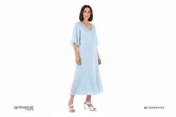 Sandali Melluso argento bianco metallizzato abbinati ad abito midi seta pastello azzurro cipria cerimonia sfondo bianco - AI-Generated Model
