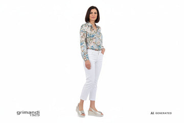 Sandali Melluso pelle champagne metallizzata zeppa con gioiello strass abbinati a pantalone capri bianco e blusa seta floreale per pranzo all'aperto - AI-Generated Model