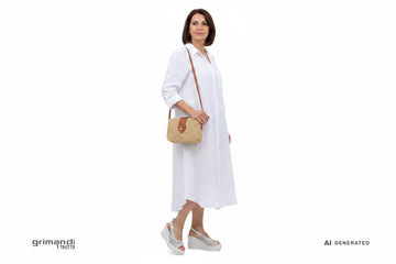 Melluso R80555Q Bianco Traforato Strass - Chemisier Lino Bianco Borsa Paglia Bohémien Chic - AI-Generated Model