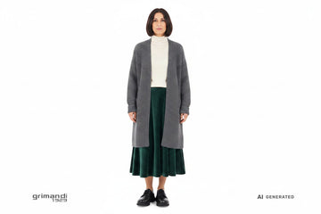Outfit 1 Stile Quotidiano – Cardigan lungo costine grafite con dolcevita merino panna e gonna midi scampanata velluto verde pino