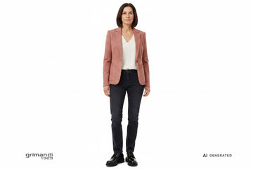 Outfit 1 Denim Casual Chic – Giacca monopetto lana pettinata rosa antico con blusa fluida V panna e jeans sartoriale dritto lavaggio scuro