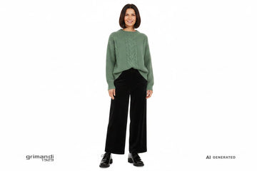 Outfit 2 Cozy Chic – Maglione oversize trecce alpaca salvia con pantaloni palazzo velluto coste nero