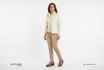 Scarpe Melluso donna indossate con gilet trapuntato panna, maglia lana e cashmere avorio e pantaloni velluto nocciola chiaro. Outfit 1