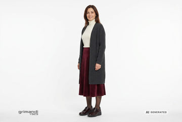 Stringate Melluso donna indossate con cardigan a coste antracite, dolcevita merino panna e gonna velluto merlot. Outfit 1