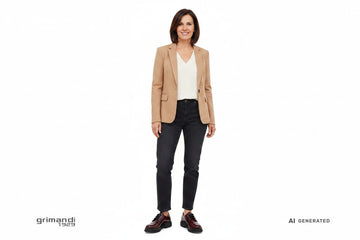 Outfit 1 Denim Casual Chic – Giacca monopetto lana pettinata sabbia con blusa fluida V crema e jeans sartoriale dritto lavaggio scuro