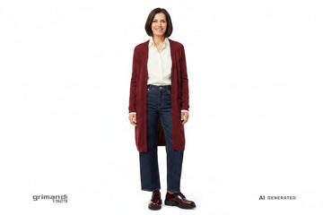Outfit 2 Eleganza Informale – Cardigan lungo cashmere bordeaux con camicia sartoriale cotone panna e jeans gamba ampia vita alta denim blu notte