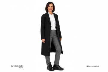 Melluso sneaker vernice nera crinkle zeppa interna zip argento Outfit ufficio pantalone flanella grigia camicia classica cappotto lana - AI-Generated Model
